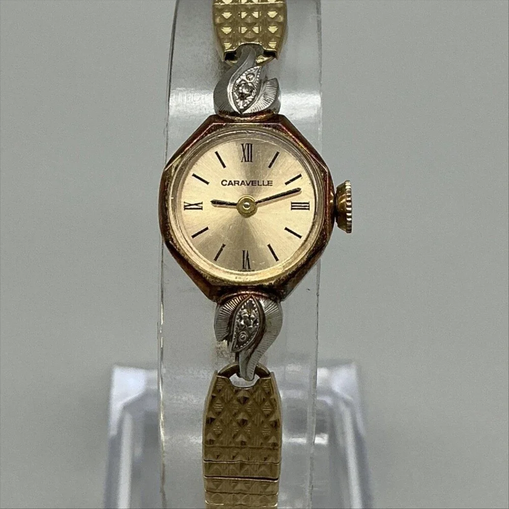 Vintage Caravelle Womens Watch 14mm Champagne Gold Tone Bracelet Diamond Manual